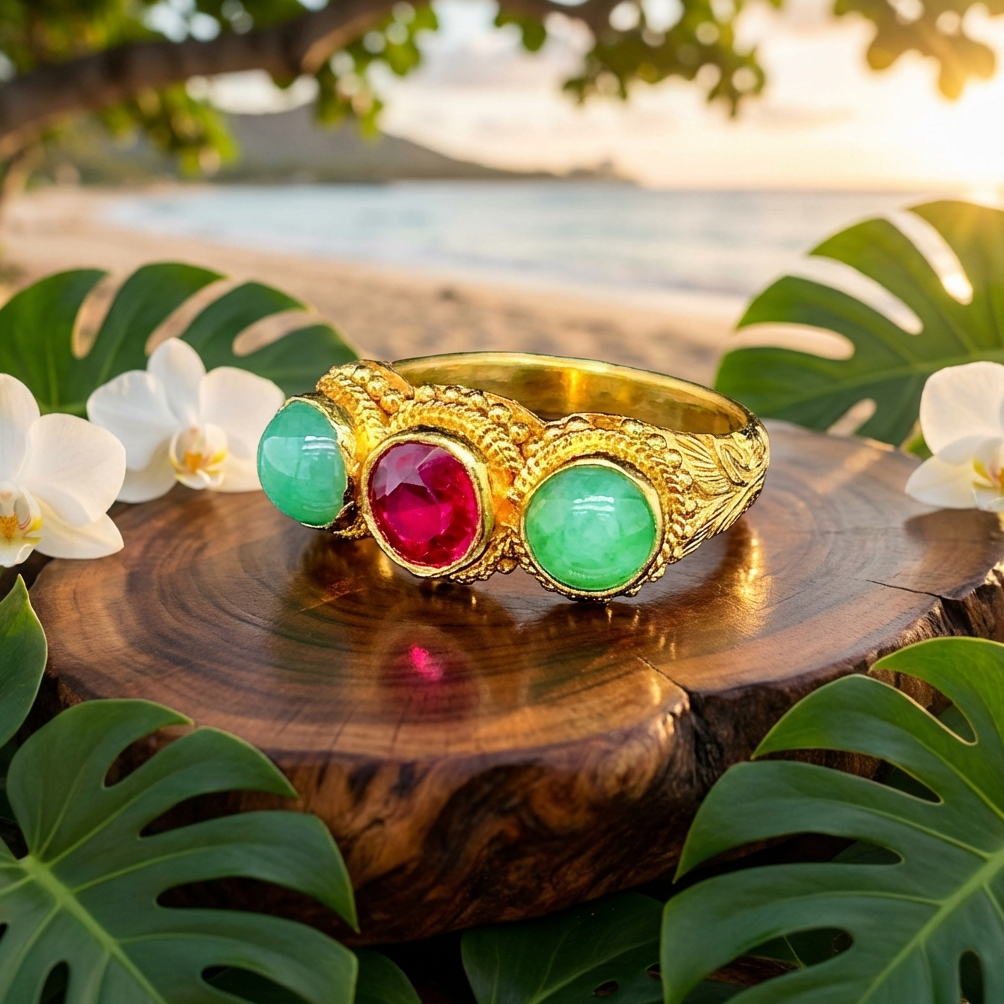 Antique Chinese Solid 24K Gold Ruby And Jadeite Ring