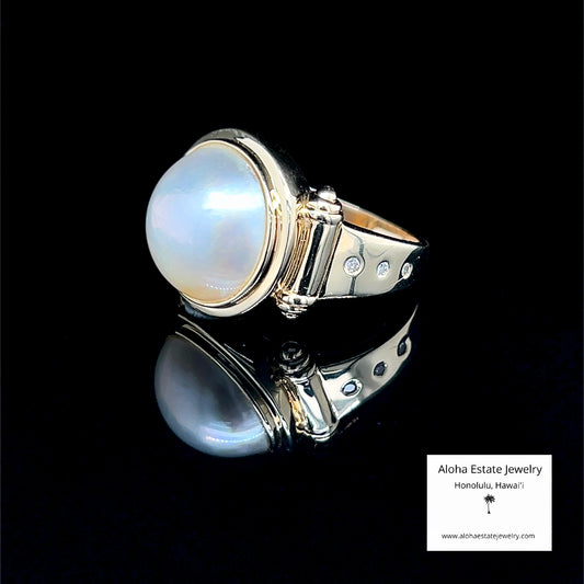 Vintage 14K Diamond Accened South Seas Mabé Pearl Ring