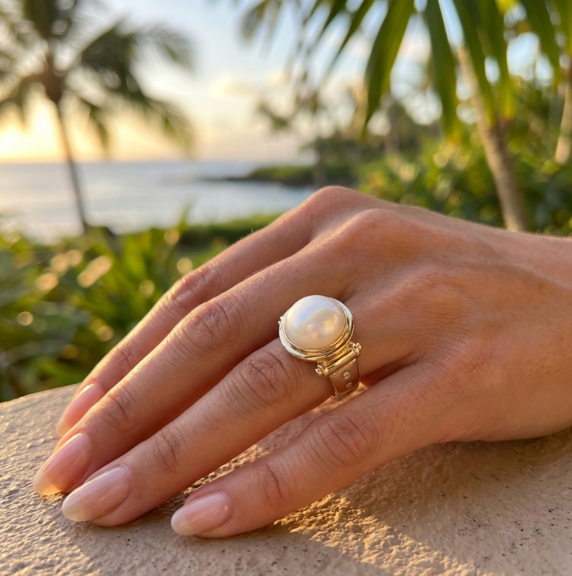 Vintage 14K Diamond Accened South Seas Mabé Pearl Ring