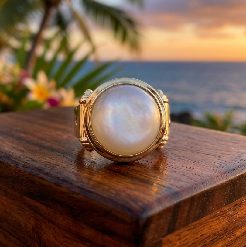 Vintage 14K Diamond Accened South Seas Mabé Pearl Ring