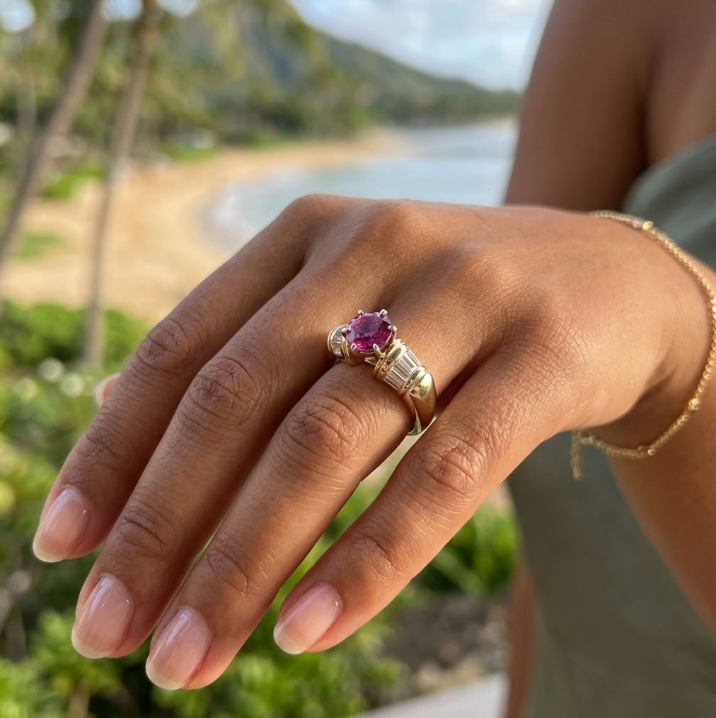 Vintage Rubellite Solitaire Ring, 14K Gold, Baguette Diamonds