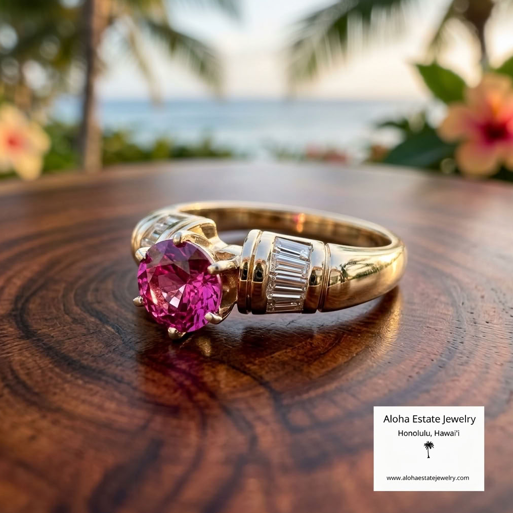Vintage Rubellite Solitaire Ring, 14K Gold, Baguette Diamonds