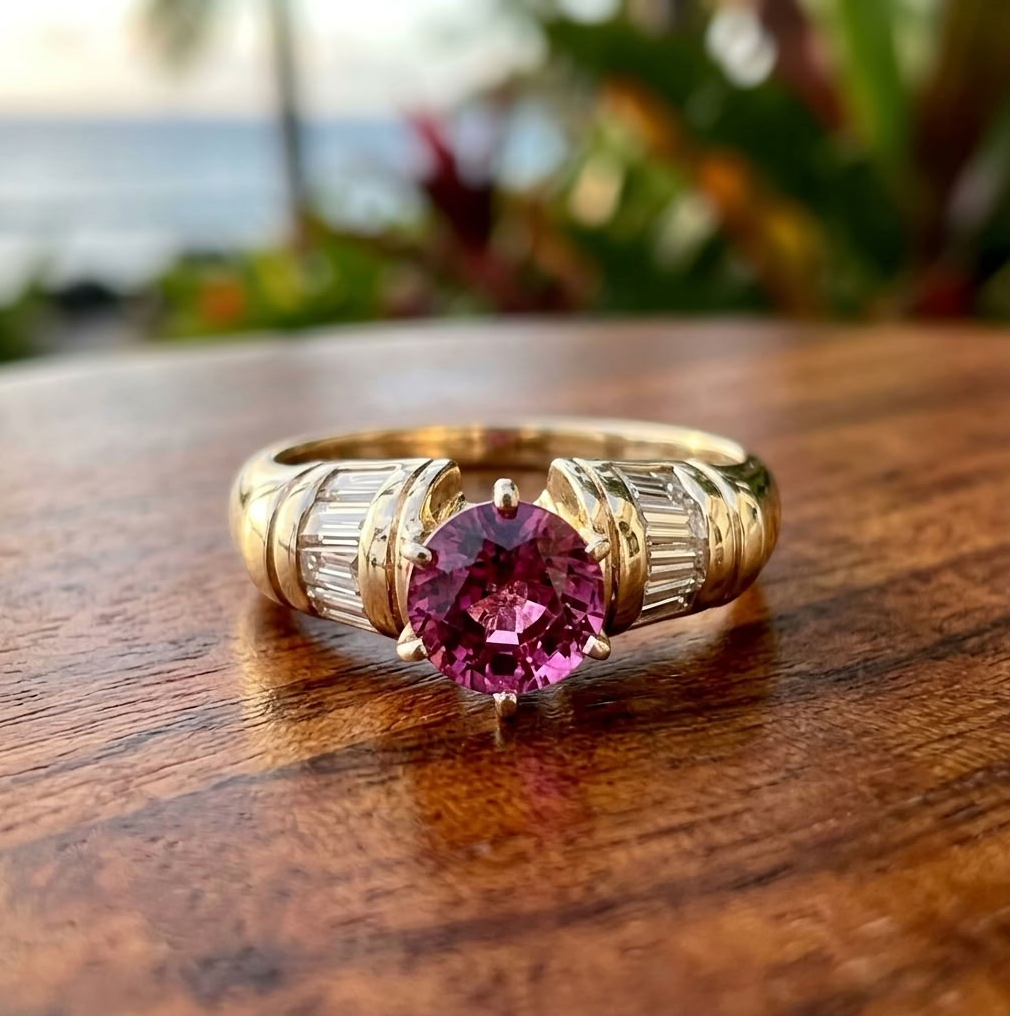 Vintage Rubellite Solitaire Ring, 14K Gold, Baguette Diamonds