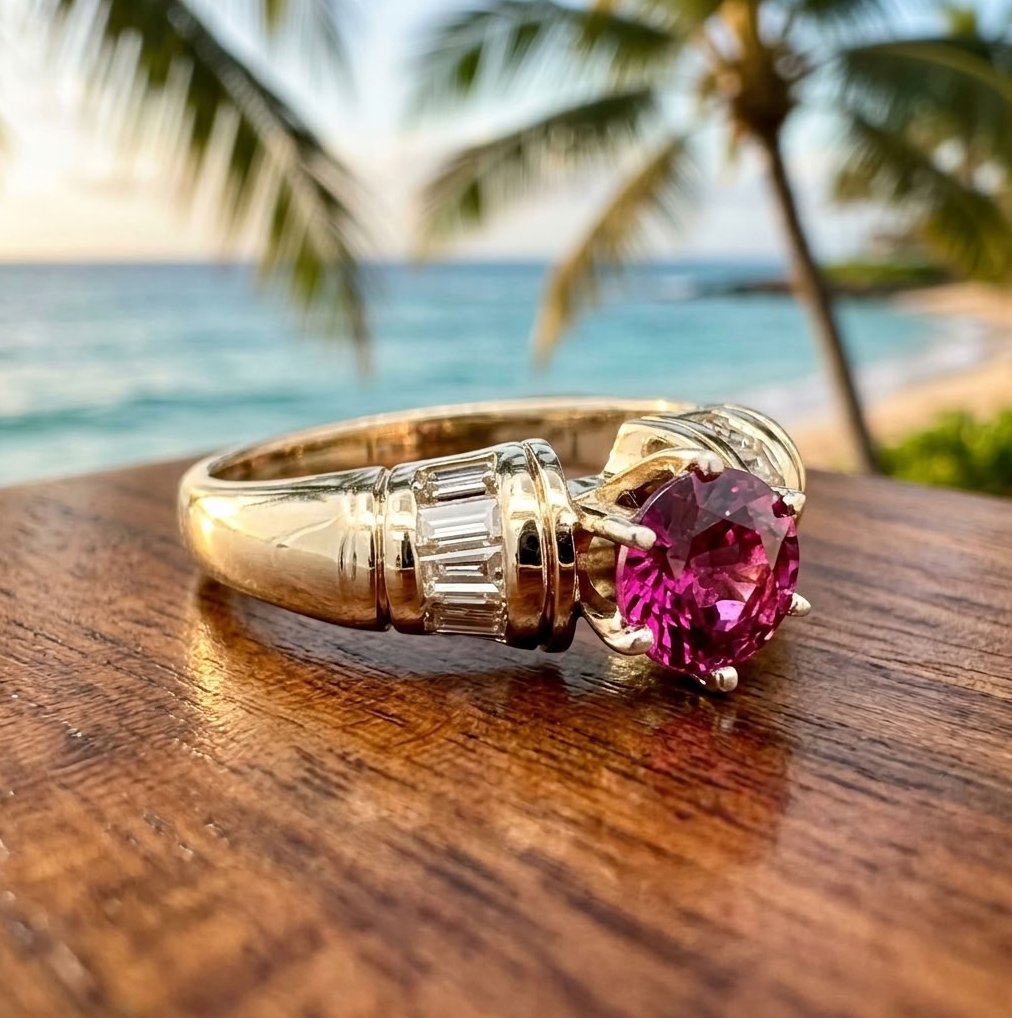 Vintage Rubellite Solitaire Ring, 14K Gold, Baguette Diamonds