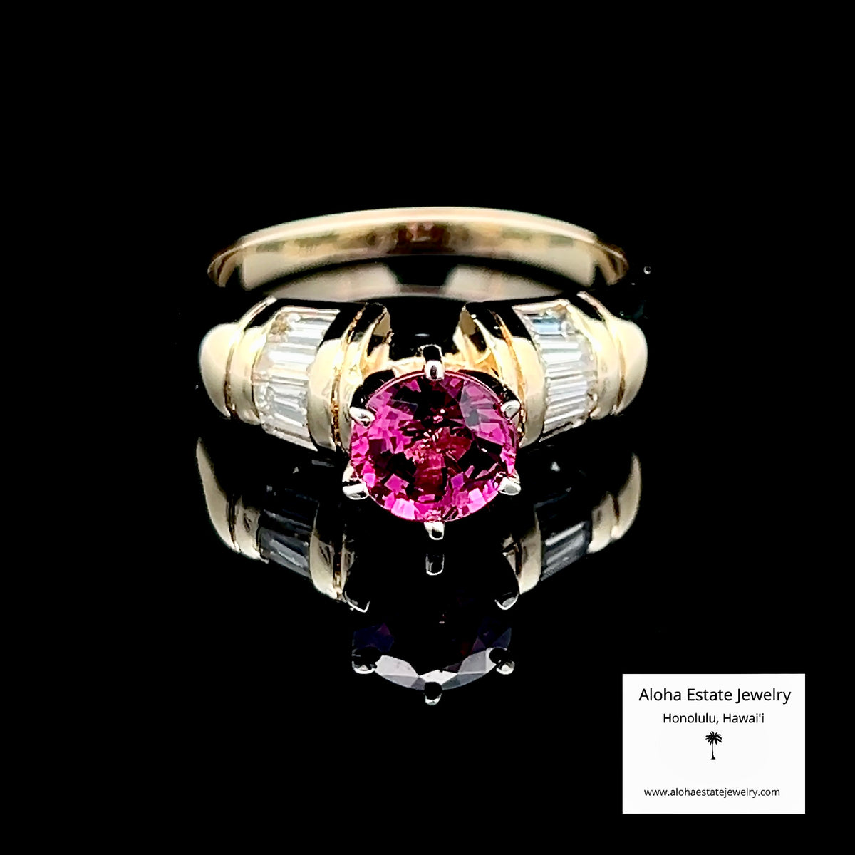 Vintage Rubellite Solitaire Ring, 14K Gold, Baguette Diamonds