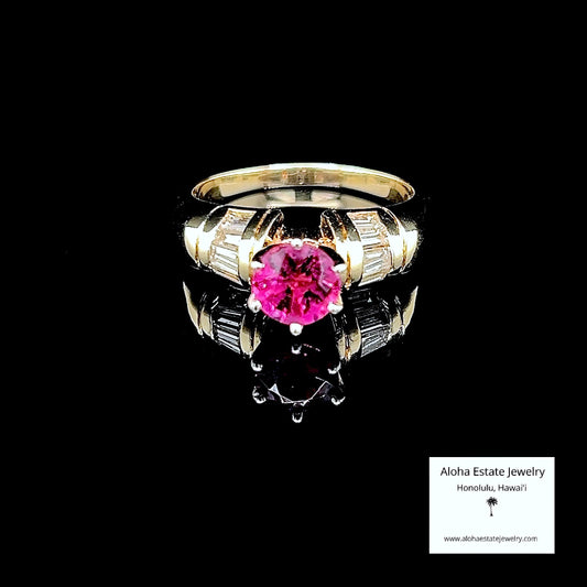 Vintage 14k 1-Carat Pinkish-Red Rubellite and Diamond Ring