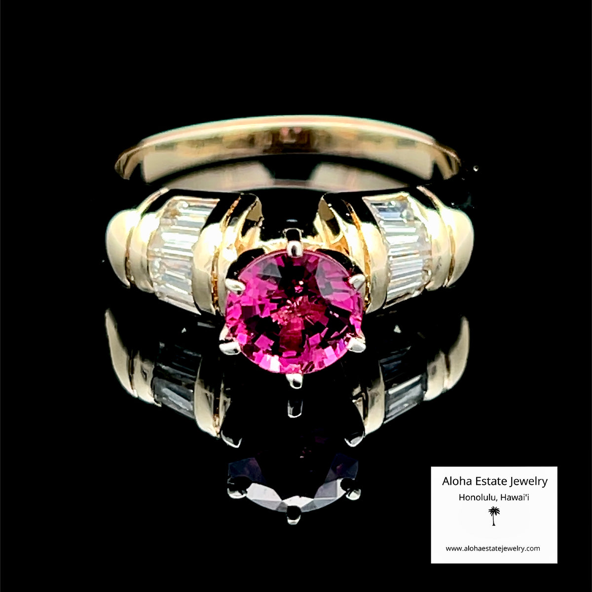 Vintage Rubellite Solitaire Ring, 14K Gold, Baguette Diamonds