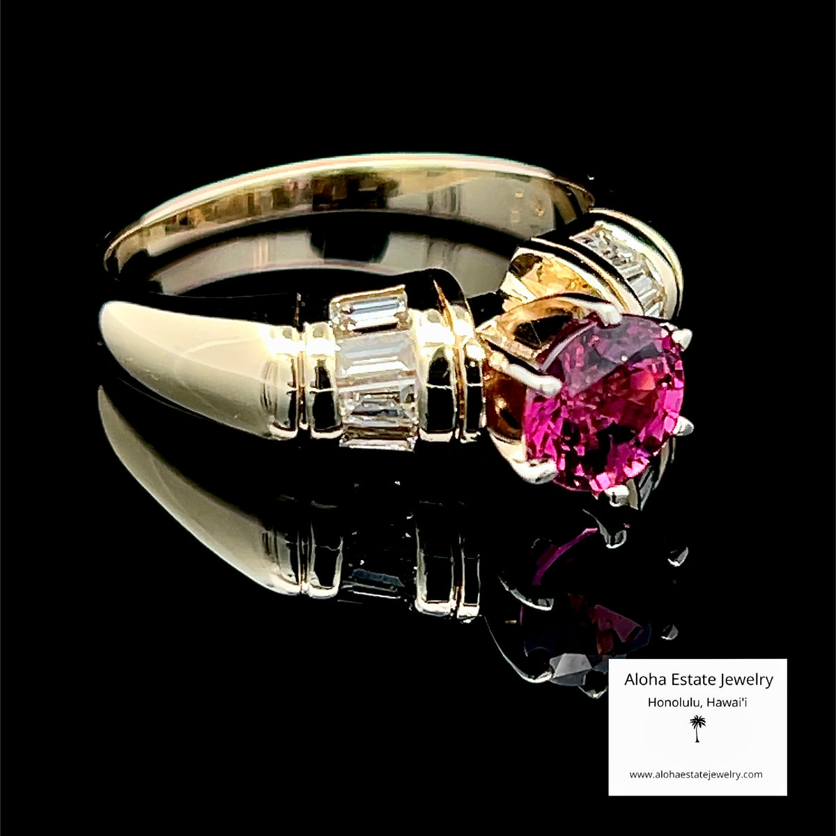 Vintage Rubellite Solitaire Ring, 14K Gold, Baguette Diamonds