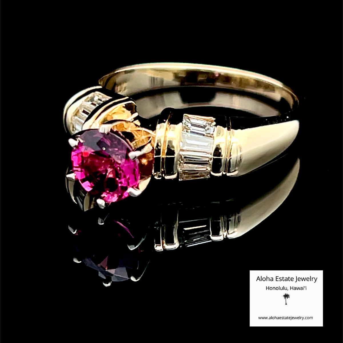 Vintage Rubellite Solitaire Ring, 14K Gold, Baguette Diamonds