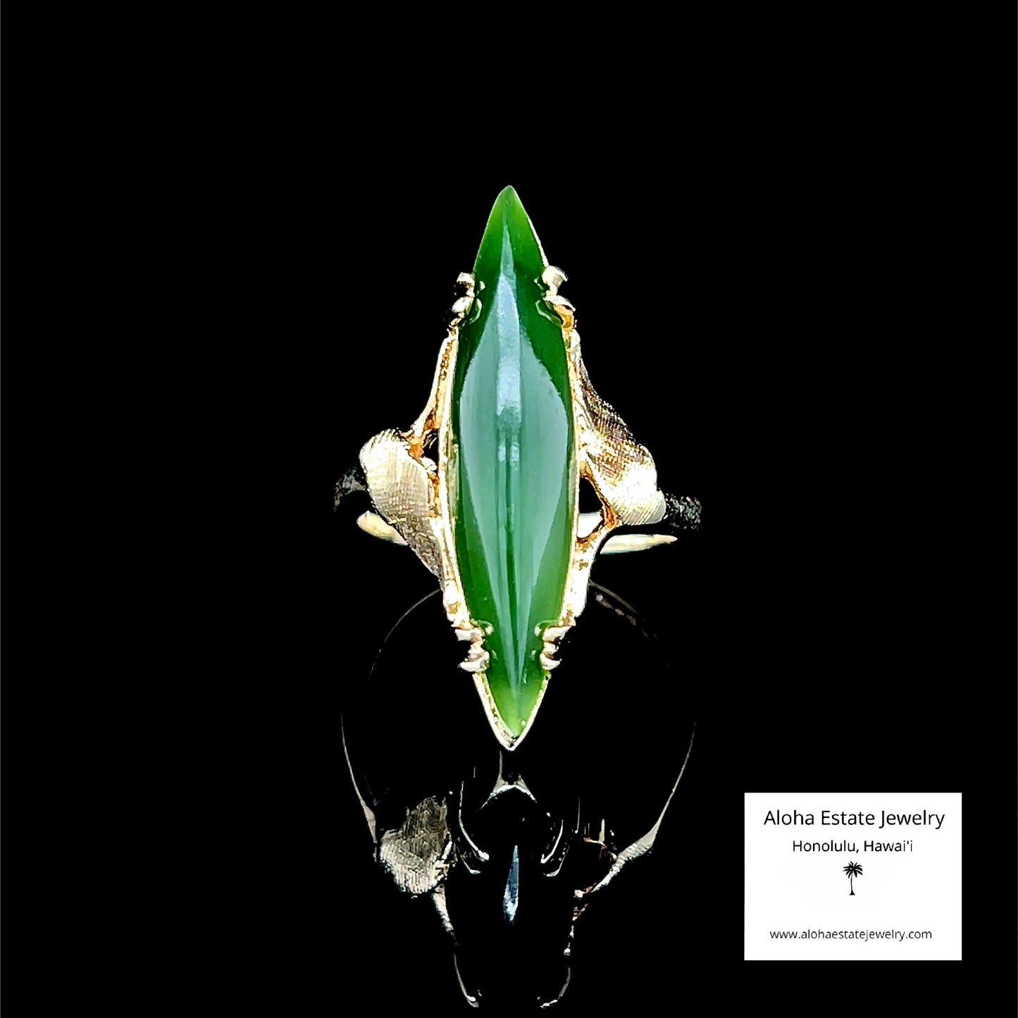 14K Vintage Marquise Cut Nephrite Jade Ring