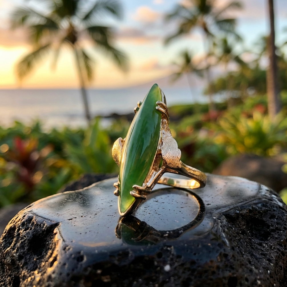 14K Vintage Marquise Cut Nephrite Jade Ring
