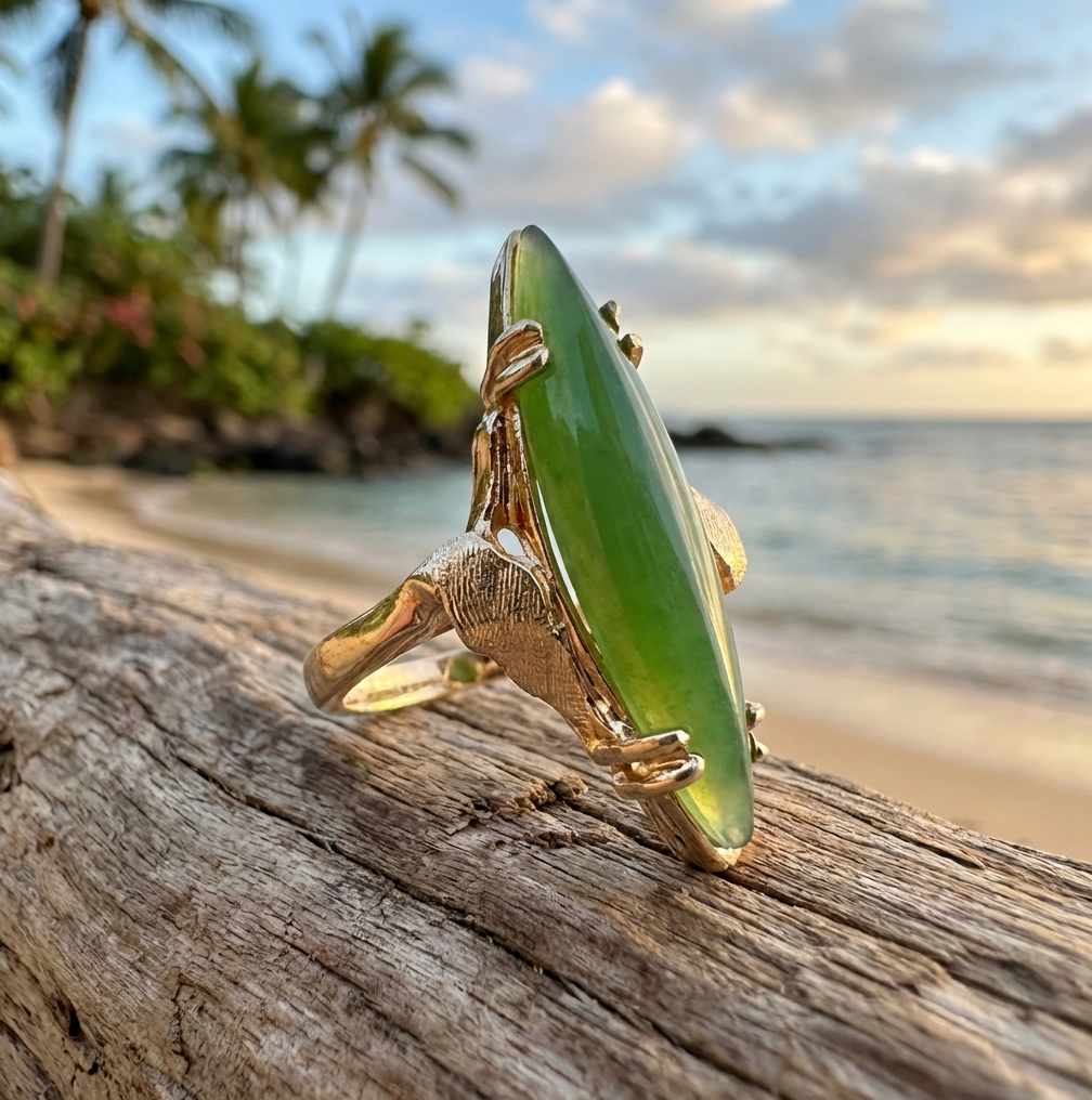 14K Vintage Marquise Cut Nephrite Jade Ring