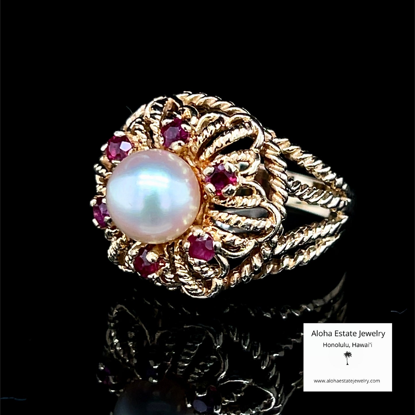 Vintage 14K Gold Pearl and Spinel Ring