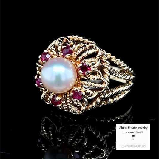 Vintage 14K Gold Pearl and Spinel Ring