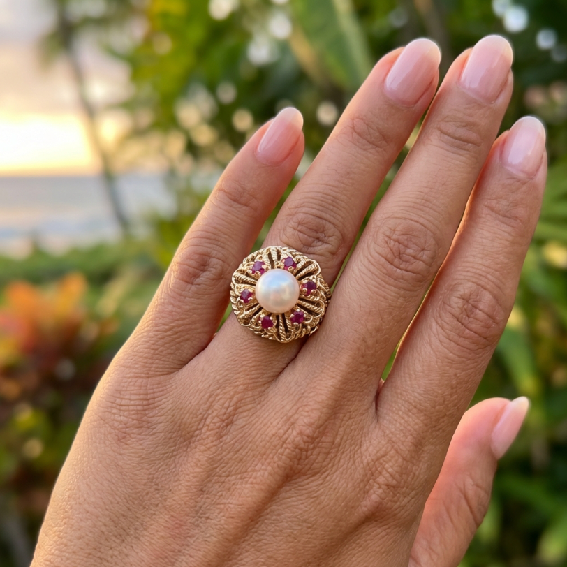 Vintage 14K Gold Pearl and Spinel Ring
