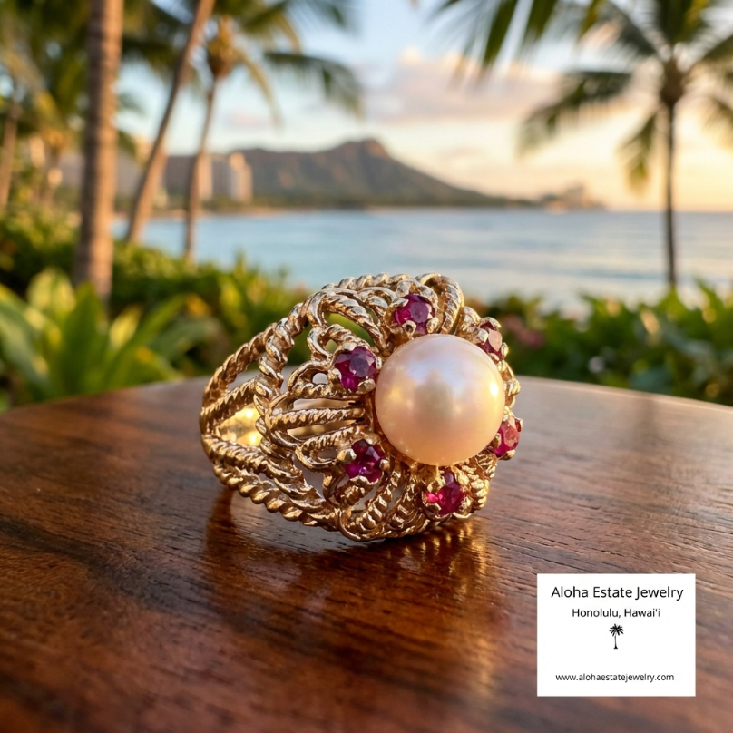 Vintage 14K Gold Pearl and Spinel Ring