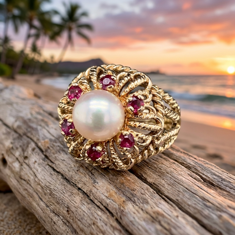 Vintage 14K Gold Pearl and Spinel Ring