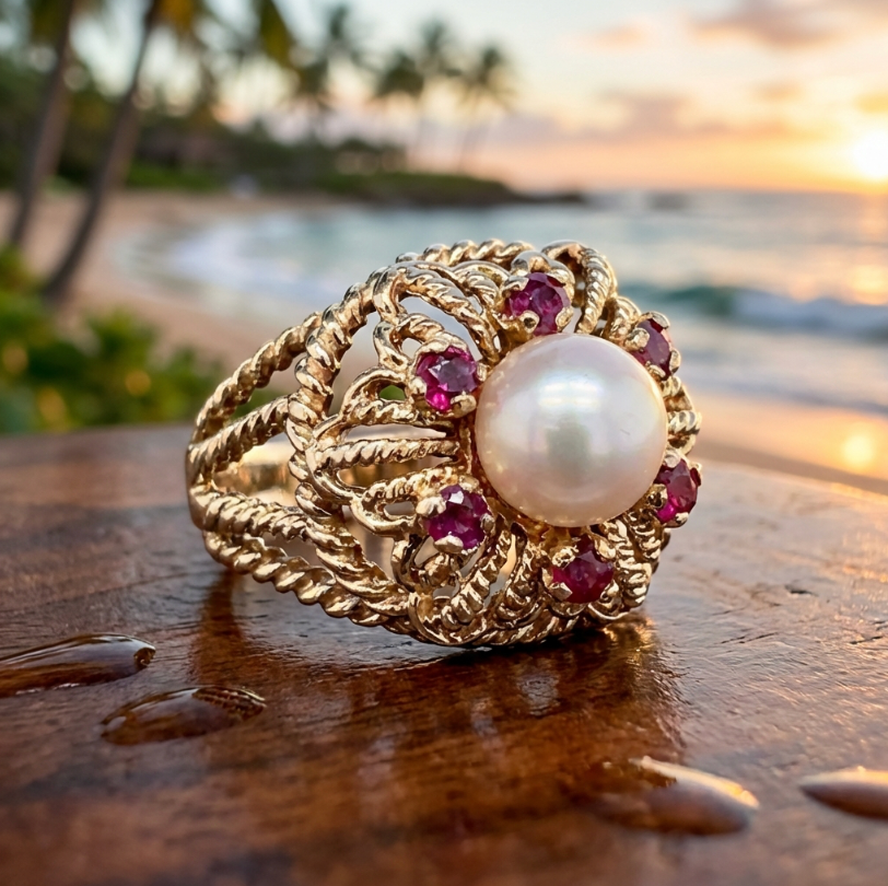 Vintage 14K Gold Pearl and Spinel Ring