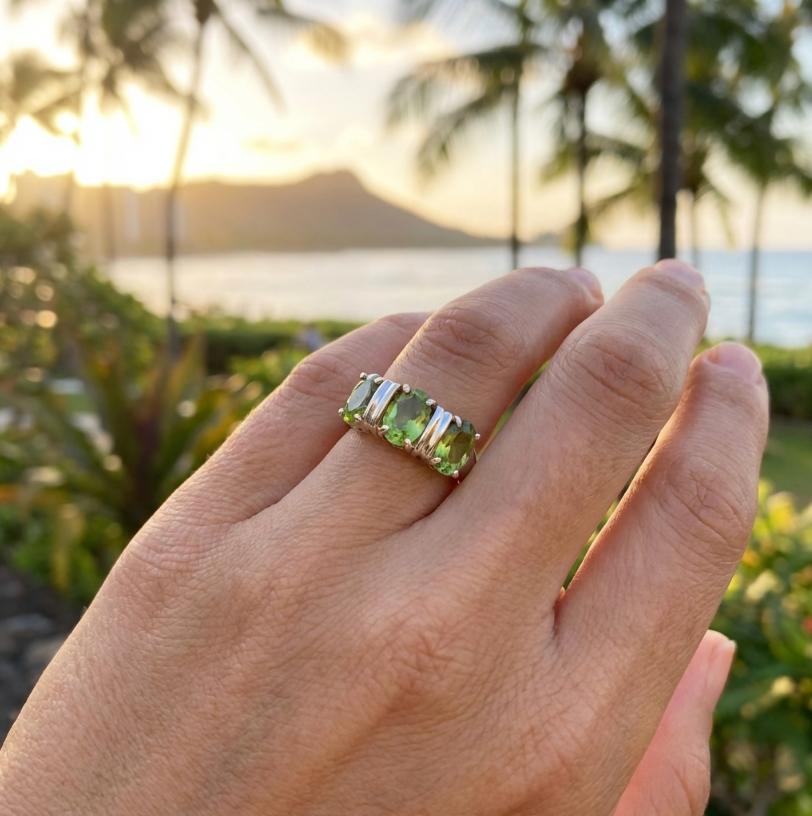 Lovely Estate Three-Stone Peridot Ring in 14K Setting