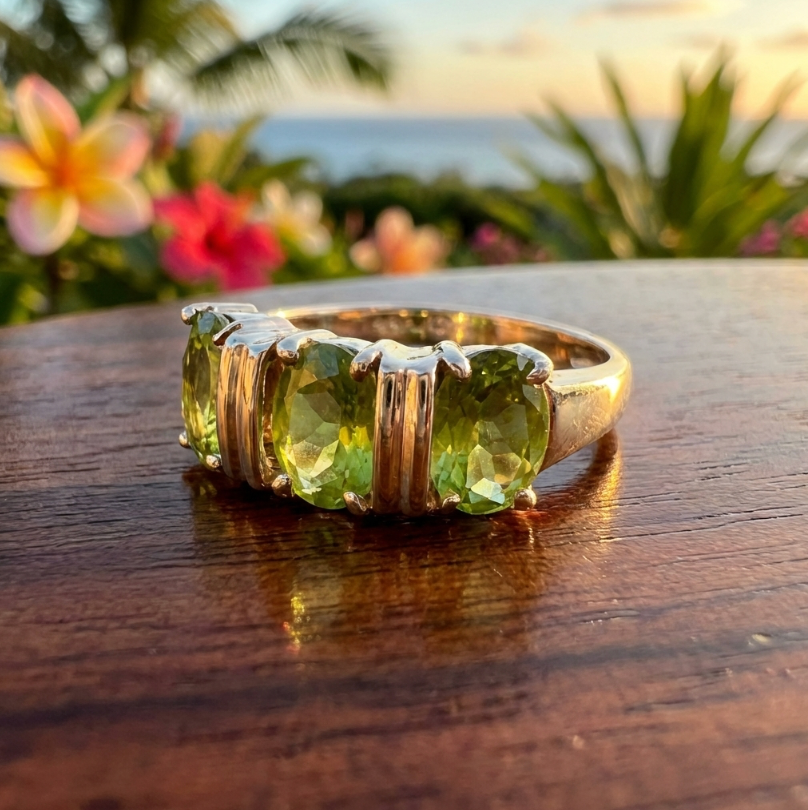 Lovely Estate Three-Stone Peridot Ring in 14K Setting