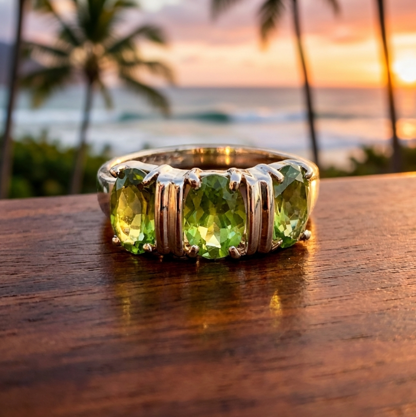 Lovely Estate Three-Stone Peridot Ring in 14K Setting