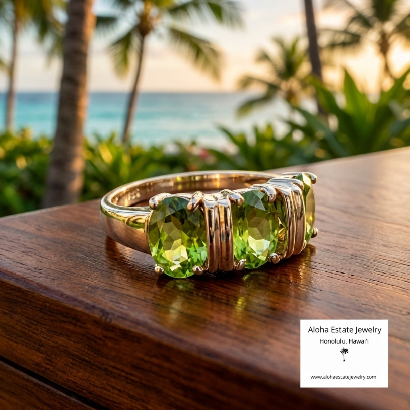Lovely Estate Three-Stone Peridot Ring in 14K Setting