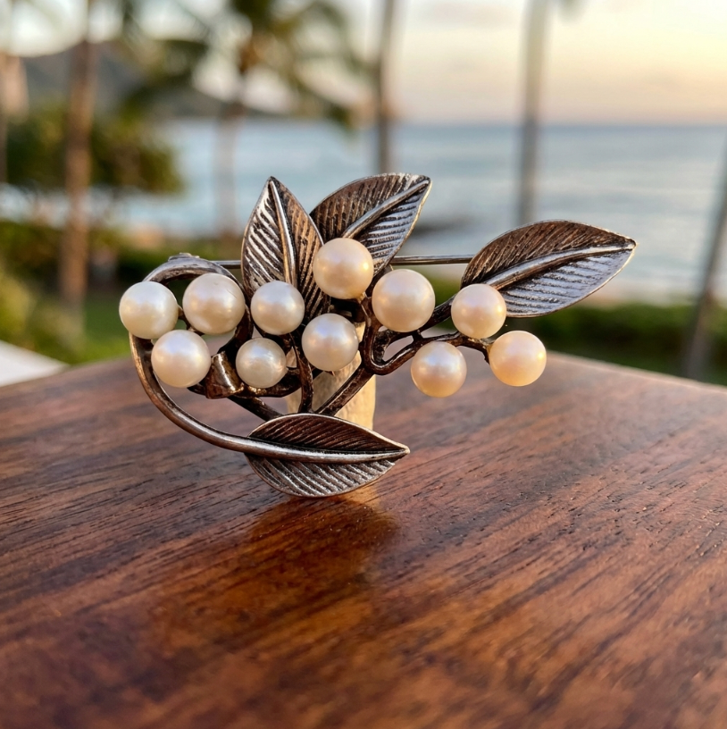Vintage Ming's Pearls and Sterling Silver Brooch or Pin