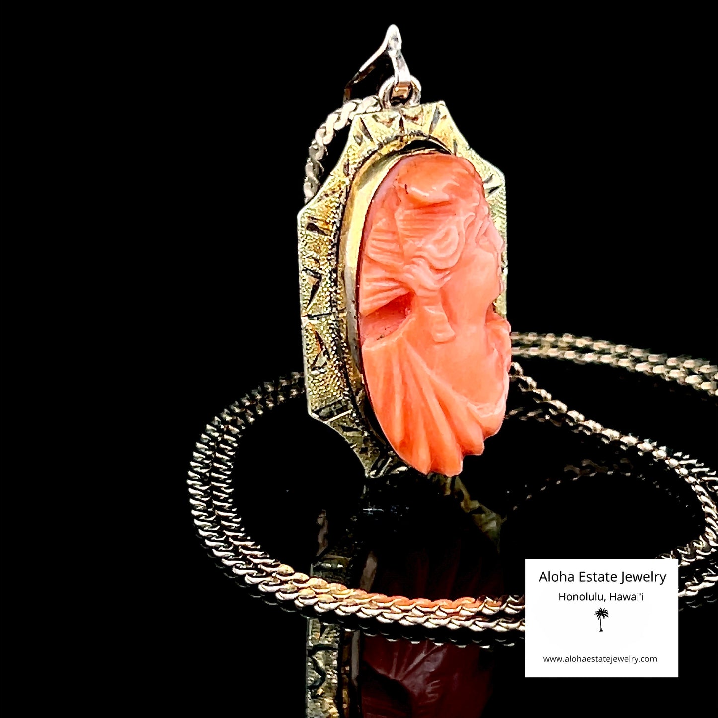 Antique 10K Victorian Hand-Carved Angel Skin Coral Pendant