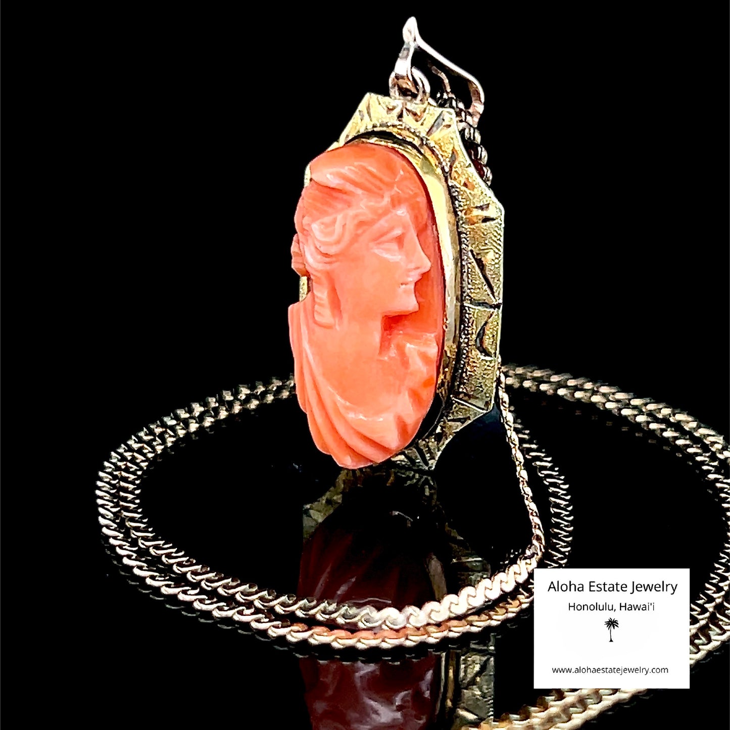 Antique 10K Victorian Hand-Carved Angel Skin Coral Pendant