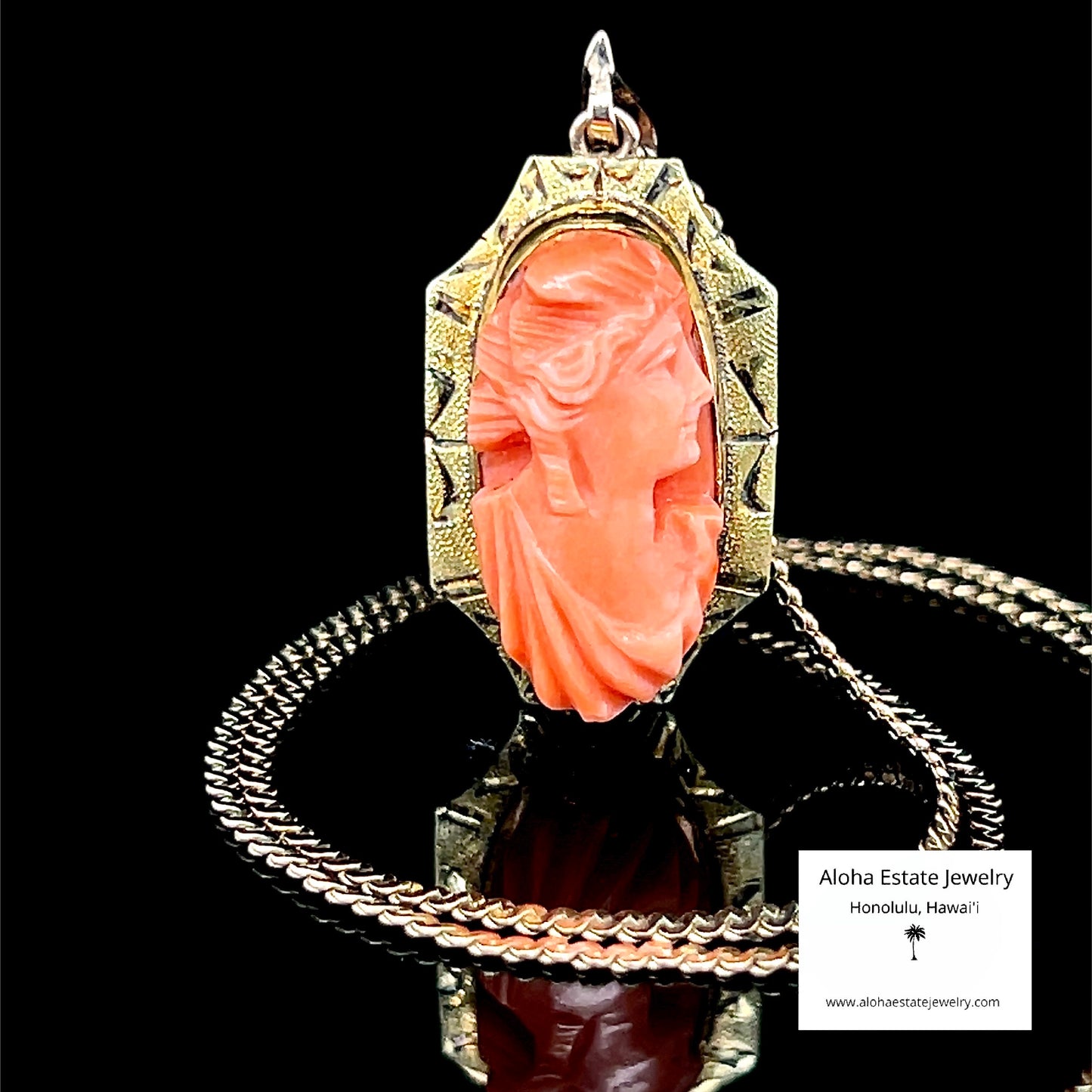 Antique 10K Victorian Hand-Carved Angel Skin Coral Pendant