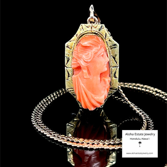 Antique 10K Victorian Hand-Carved Angel Skin Coral Pendant