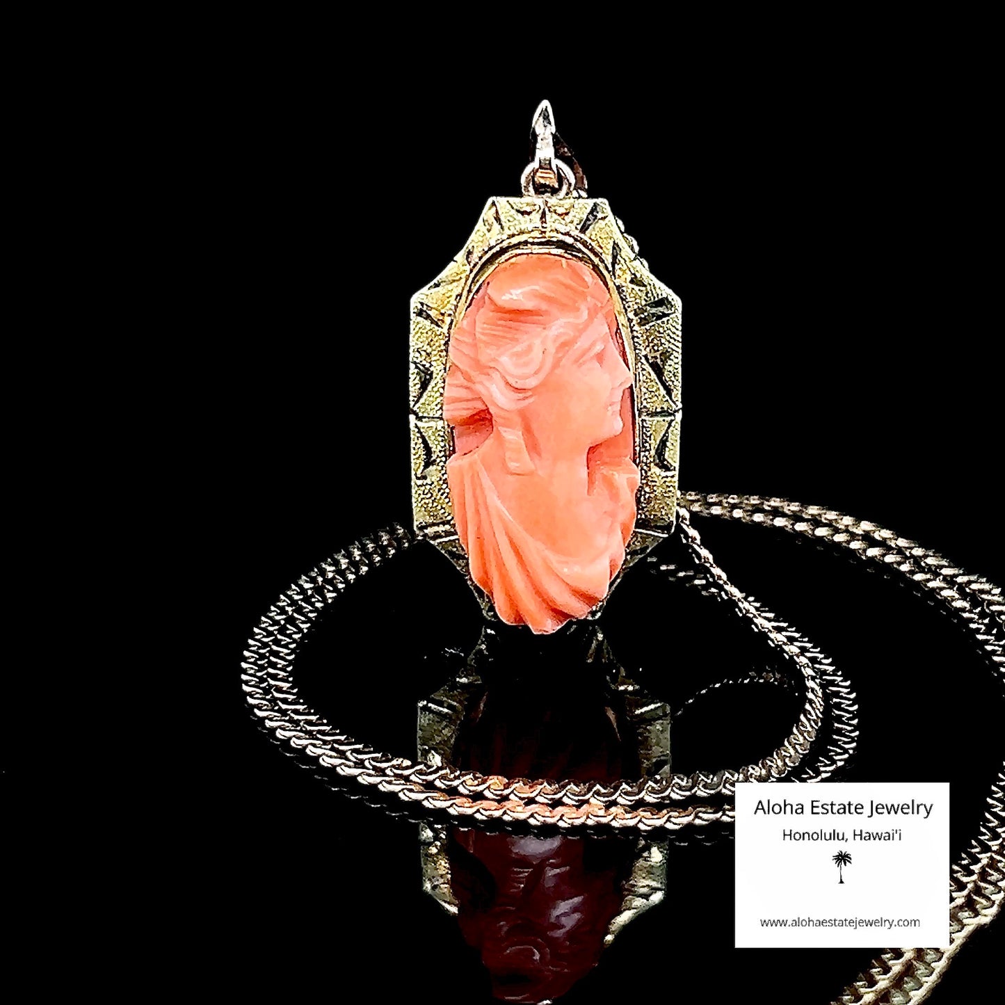 Antique 10K Victorian Hand-Carved Angel Skin Coral Pendant