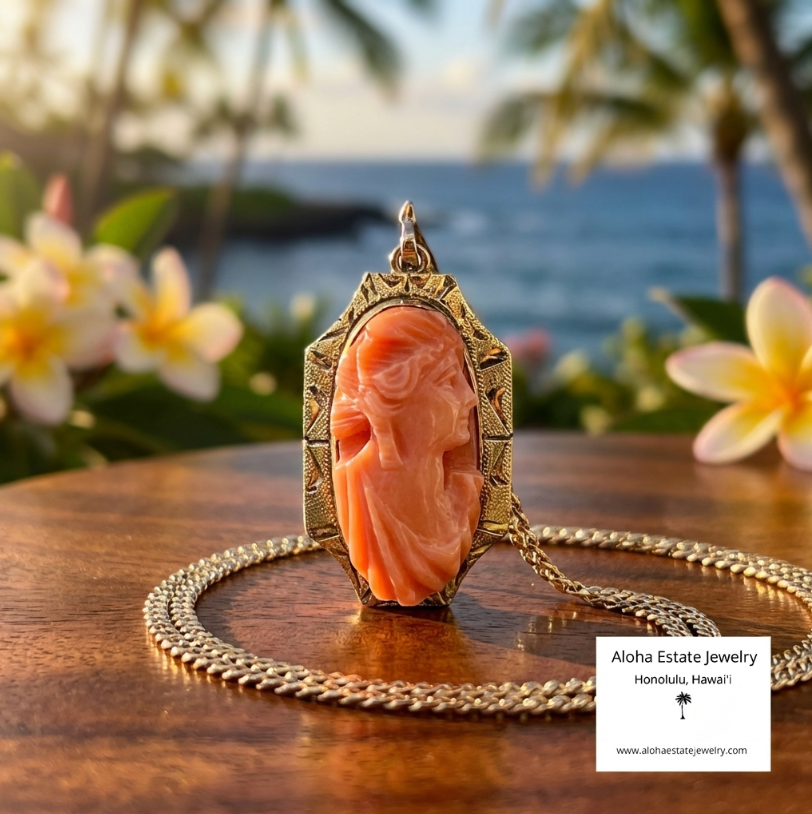 Antique 10K Victorian Hand-Carved Angel Skin Coral Pendant
