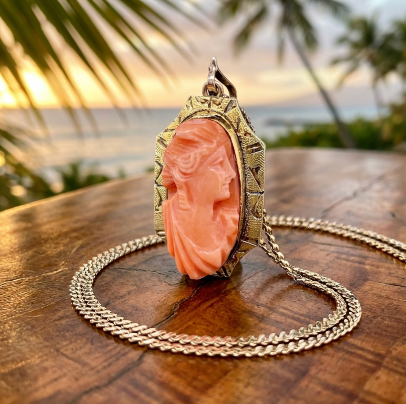 Antique 10K Victorian Hand-Carved Angel Skin Coral Pendant