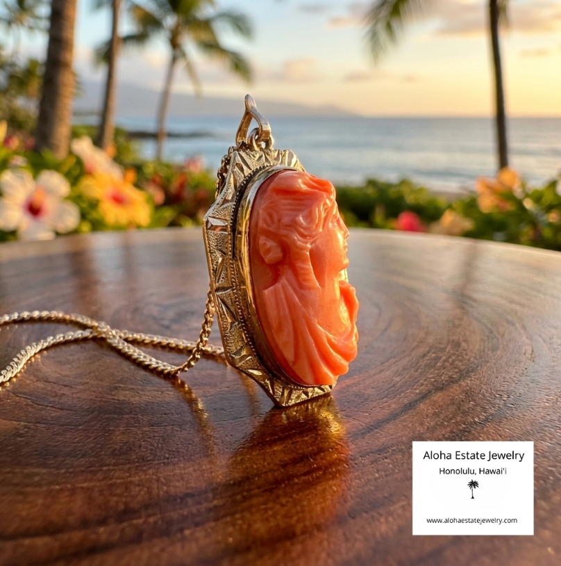 Antique 10K Victorian Hand-Carved Angel Skin Coral Pendant