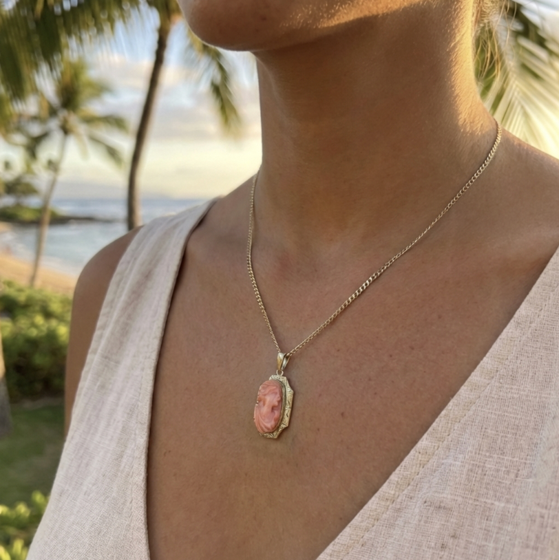 Antique 10K Victorian Hand-Carved Angel Skin Coral Pendant