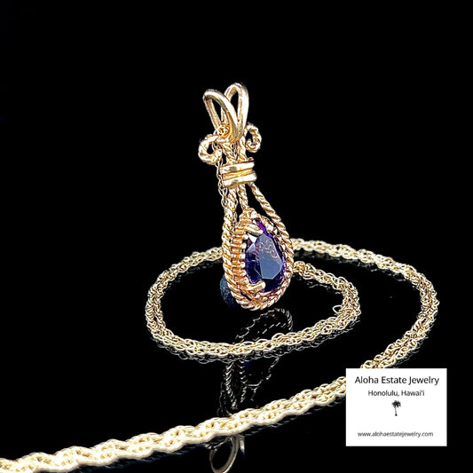 Antique 10K Amethyst Openwork Pendant on 14K Chain