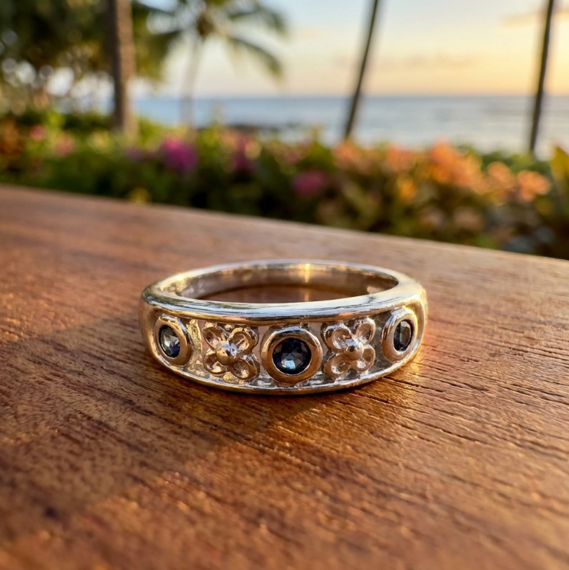 Vintage 14K White Gold & Spinel Floral Band
