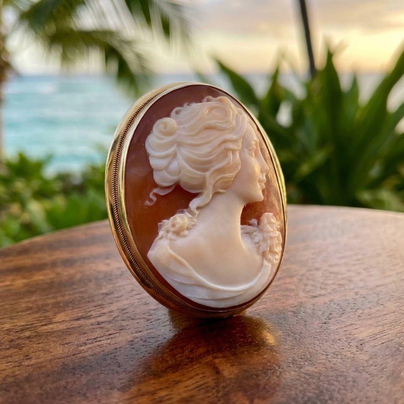 Vintage Italian Hand Carved Carnelian Shell Cameo in 18K