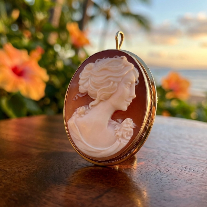 Vintage Italian Hand Carved Carnelian Shell Cameo in 18K