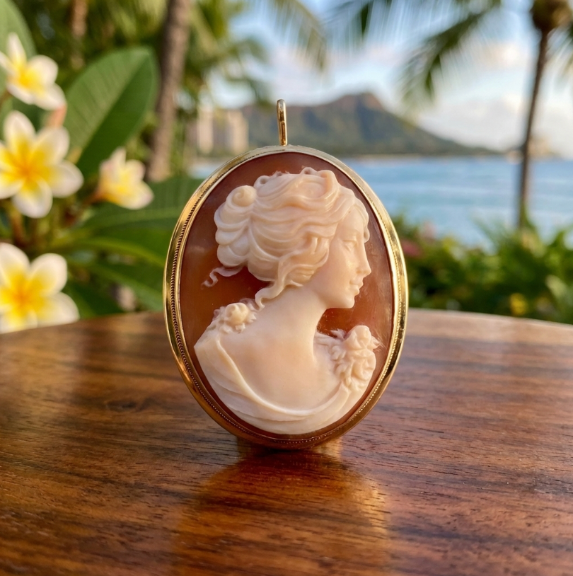 Vintage Italian Hand Carved Carnelian Shell Cameo in 18K
