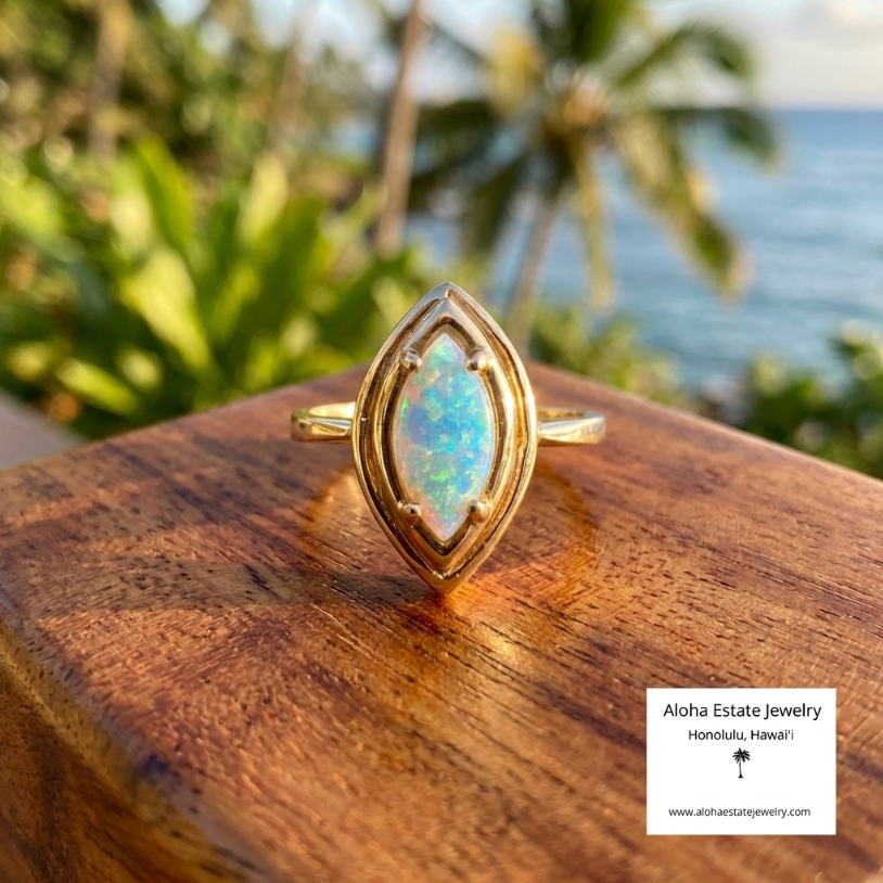Vintage Marquise Cut Opal Cabochon in 14K Setting