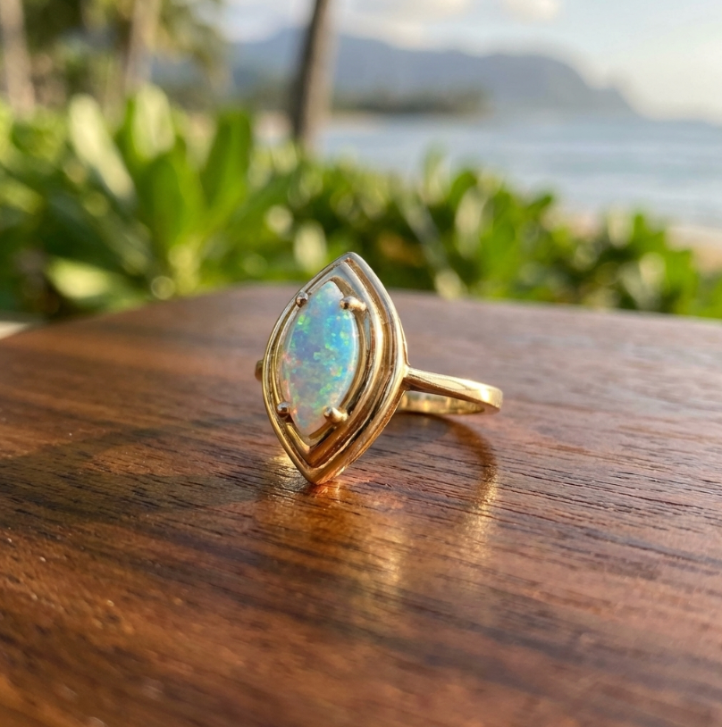 Vintage Marquise Cut Opal Cabochon in 14K Setting