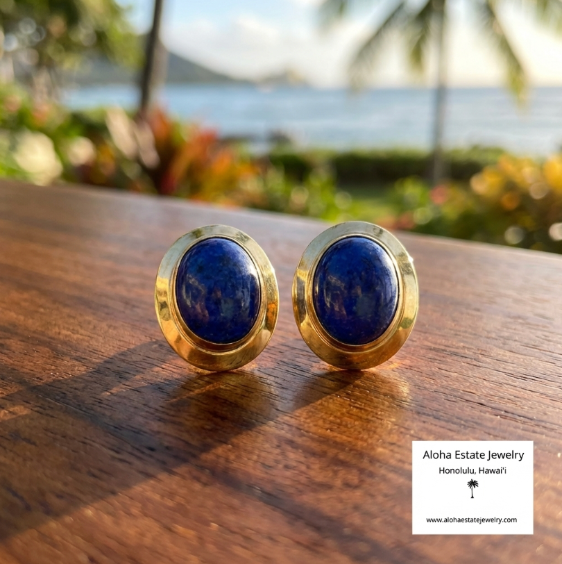 Estate Lapis Earrings in 14K Yellow Gold Frames