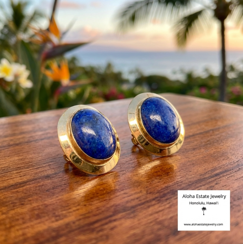 Estate Lapis Earrings in 14K Yellow Gold Frames