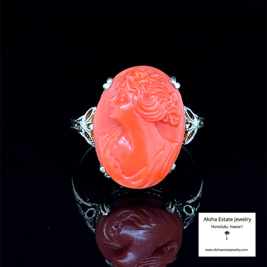 Art Deco Italian Hand-Carved Mediterranean Coral Cameo Ring