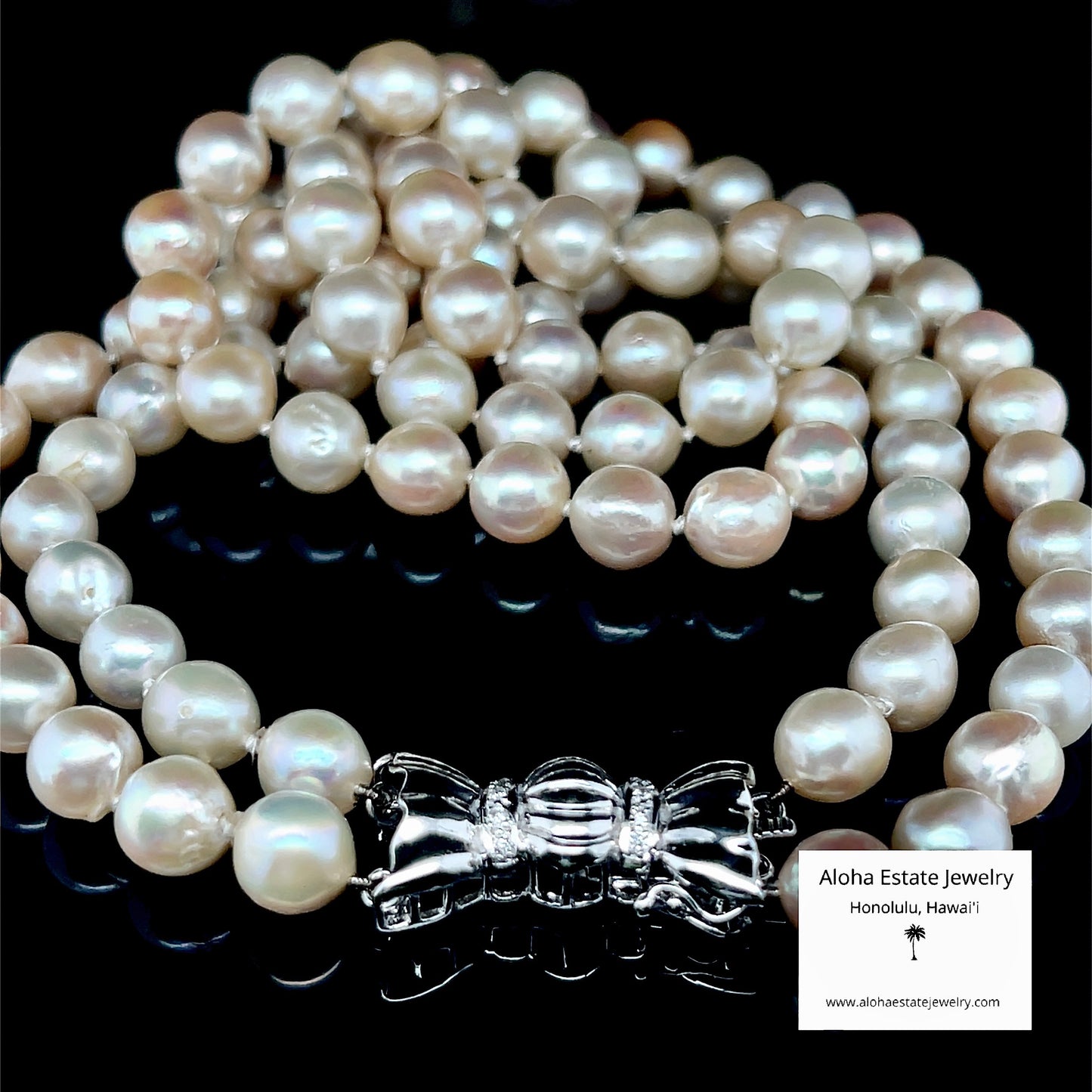 Vintage Double Strand Akoya Pearls w/14K and Diamond Bowtie Clasp