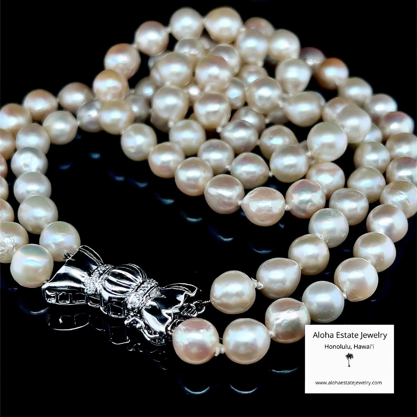 Vintage Double Strand Akoya Pearls w/14K and Diamond Bowtie Clasp