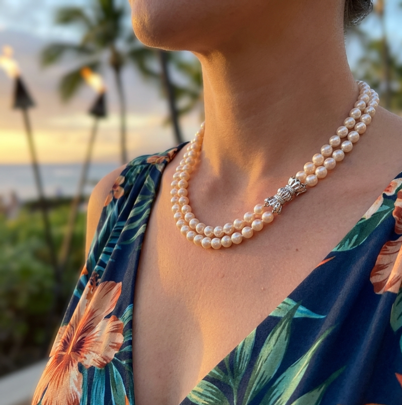 Vintage Double Strand Akoya Pearls w/14K and Diamond Bowtie Clasp