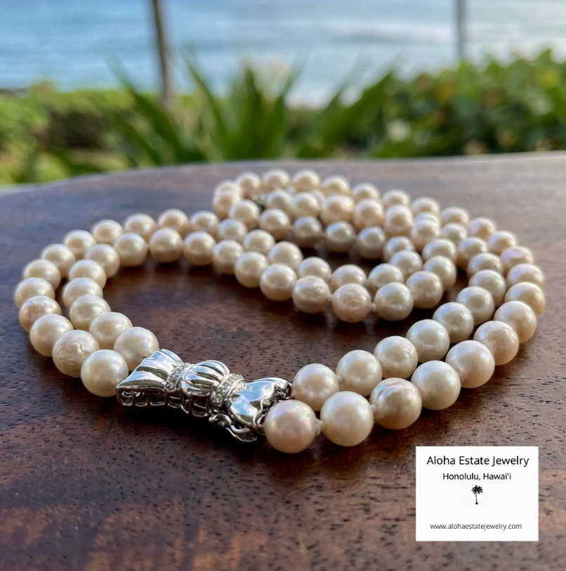 Vintage Double Strand Akoya Pearls w/14K and Diamond Bowtie Clasp